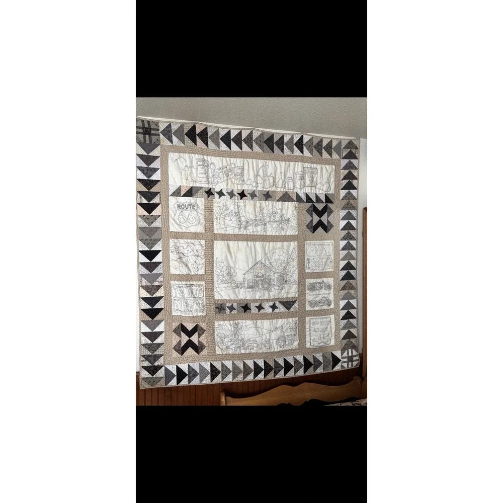 Vintage Handmade Quilted And Embroidered Route 66 Motorcycle Automobile Quilt
